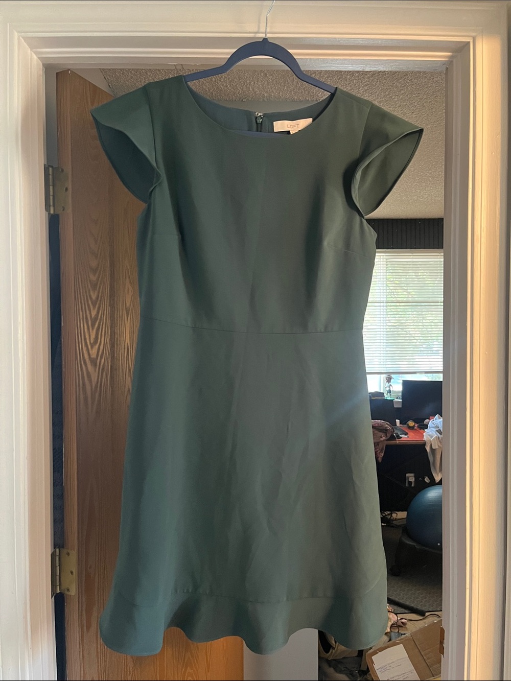 LOFT Dark Green Cap-Sleeve Midi Sheath Dress